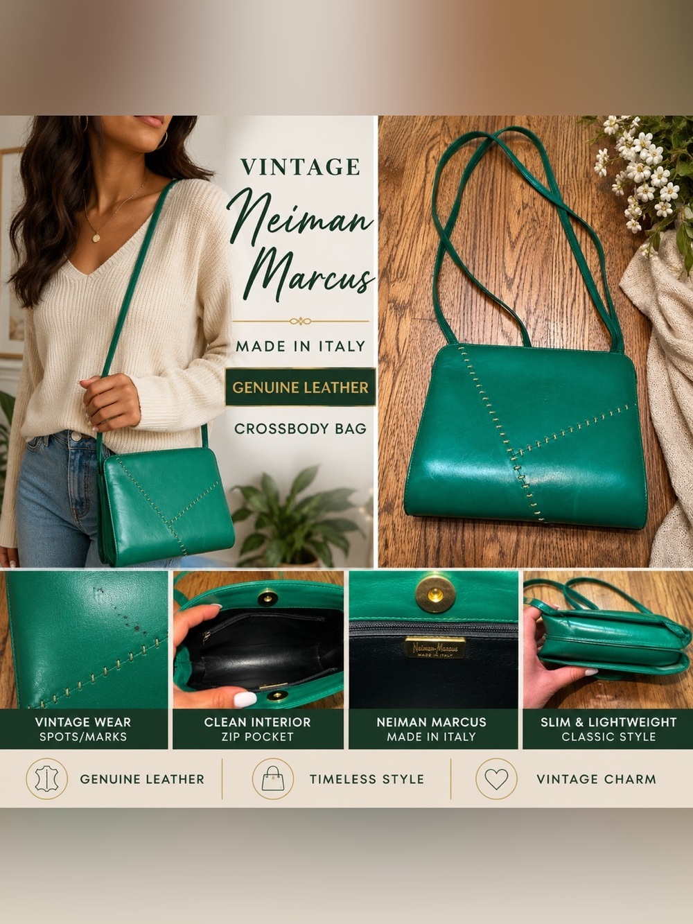 Vintage Neiman Marcus Green Leather Crossbody Bag – Made in Italy